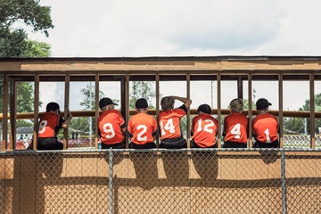 Baseball teammates in the dugout sitting on the fence © soupstock
