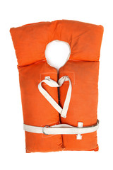 Old vintage life vest  with straps forming a heart on a white background