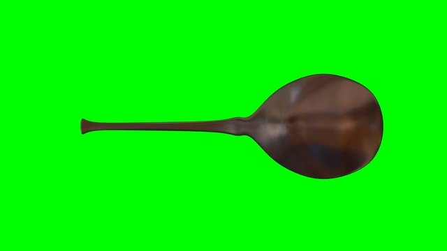 Animated rotating around z axis simple shining bronze spoon against green background. Full 360 degree spin, loop able and isolated.