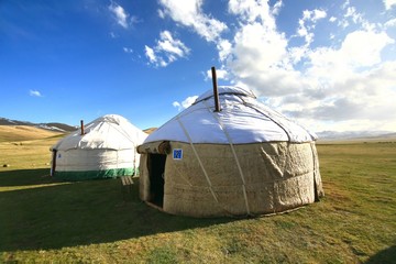 The ger camp in a large meadow at Song kul lake ,  Naryn of Kyrgyzstan