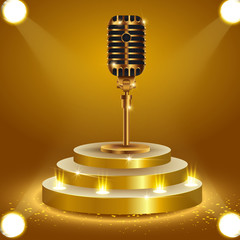 Stage with golden microphone on shiny background