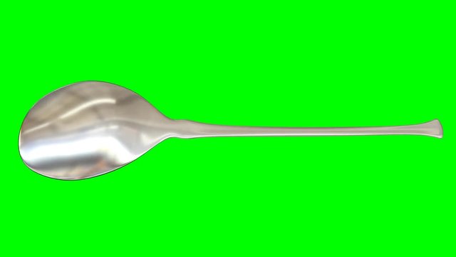 Animated rotating around x axis simple shining silver spoon against green background. Full 360 degree spin, loop able and isolated.