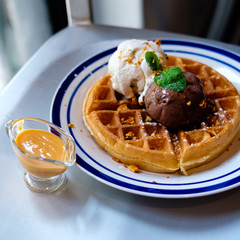 Gold Rush Waffle. Waffles that are crispy on the outside, fluffy on the inside, paired with Salted Egg Yolk Sauce, sprinkled with crunchy bits of honey comb, and topped with chocolate and vanilla ice 