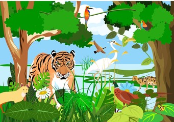 Syrdarya river fauna, tiger, pheasant, birds, forest, vector illustration