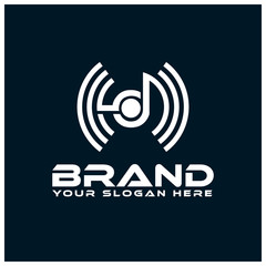 Letter D with signal on blue background.  Flat design. 