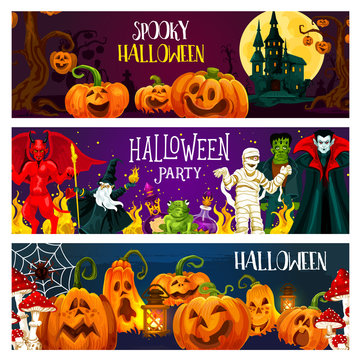 Halloween pumpkin, horror monster greeting banner