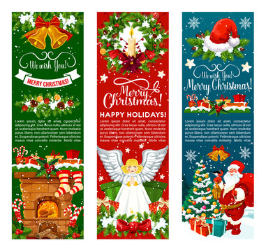 Santa with Christmas gift and bell greeting banner
