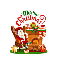 Santa Claus with Christmas fireplace and gift icon