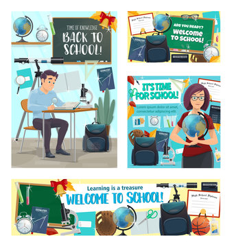 Back to school banners with supplies for education
