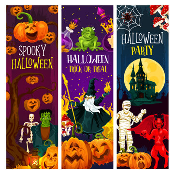Halloween party banner with trick or treat pumpkin