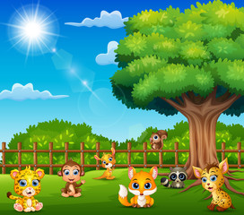 Little animals are enjoying nature by the cage 