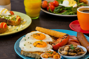 An array or breakfast foods and drinks 