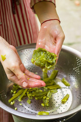 Vegetables green beans pkhali served as salad in bowl. Georgian traditional food snack appetizer. Vegan vegetarian healthy food.