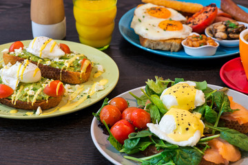 An array or breakfast foods and drinks 
