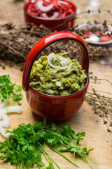 Vegetables green beans pkhali served as salad in bowl. Georgian traditional food snack appetizer. Vegan vegetarian healthy food.