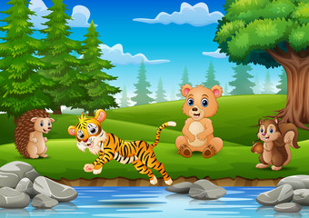 Obraz na płótnie Canvas The animals are enjoying nature by the river