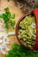 Vegetables green beans pkhali served as salad in bowl. Georgian traditional food snack appetizer. Vegan vegetarian healthy food.
