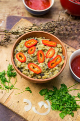 Vegetables eggplant pkhali served as salad in bowl. Georgian traditional food snack appetizer. Vegan vegetarian healthy food.
