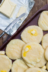 Cooked khachapuri bread with suluguni cheese and butter. Georgian traditional food.