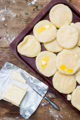 Cooked khachapuri bread with suluguni cheese and butter. Georgian traditional food.