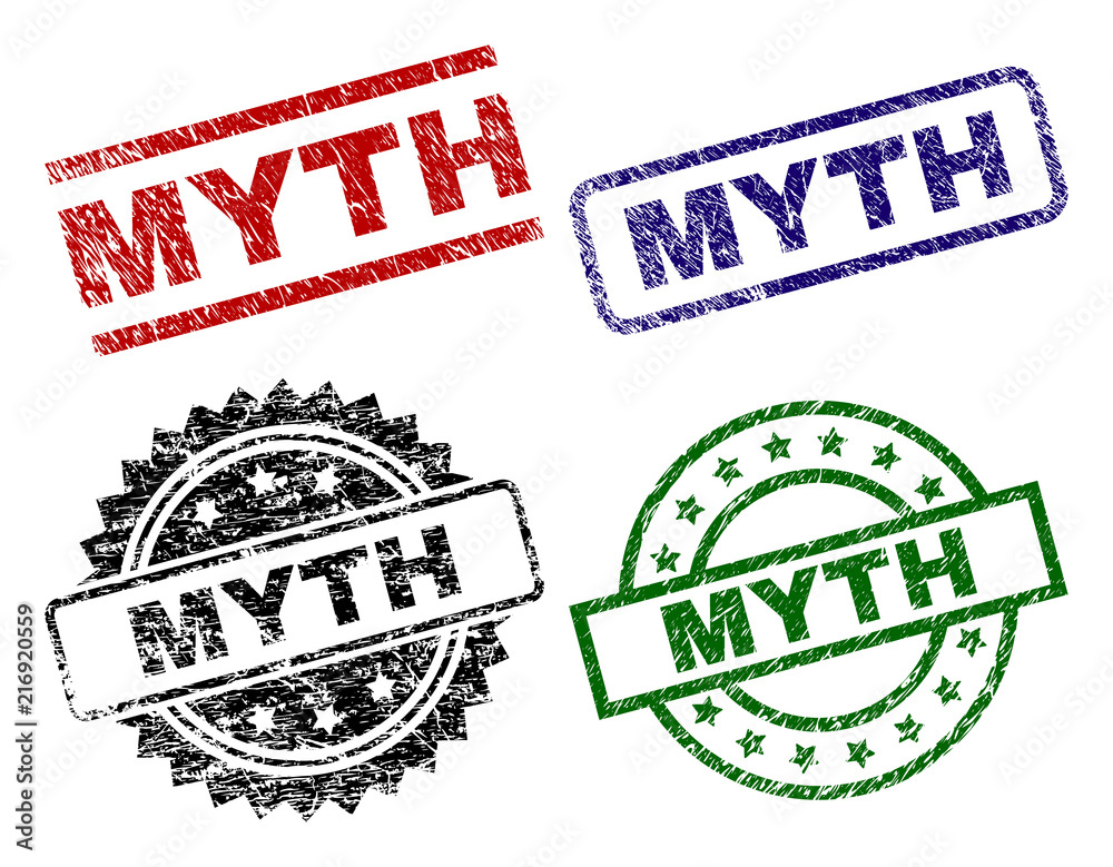 Wall mural myth seal prints with corroded style. black, green,red,blue vector rubber prints of myth title with 