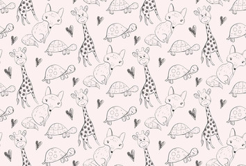 Seamless pattern wth outline hand sketched animals.