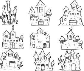 Line drawing of Halloween castle set