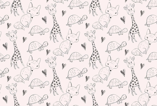 Seamless pattern wth outline hand sketched animals.