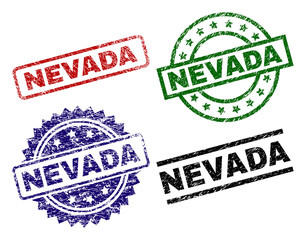 NEVADA seal prints with corroded texture. Black, green,red,blue vector rubber prints of NEVADA text with corroded style. Rubber seals with circle, rectangle, rosette shapes.