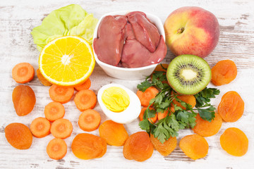 Ingredients as source vitamin A, natural minerals and dietary fiber, nutritious healthy eating concept