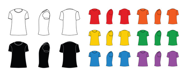 T-shirt template set of different colors cartoon style, blank shirts front, side, rear views, different angles, vector eps10 illustration