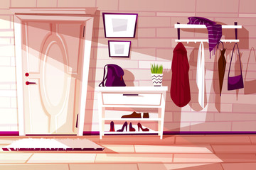 Vector cartoon home interior, hallway with furniture - shelf, rack and hangers with clothes. Cozy antechamber with white door and carpet. Corridor to exit, lobby. Indoor background.