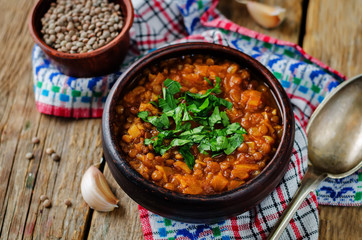 Cabbage Lentil stew with parsley in a bowl
