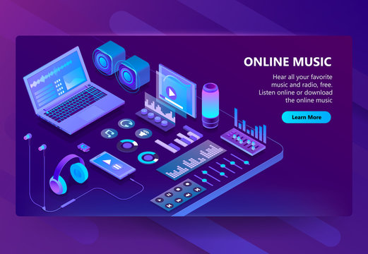 Vector 3d isometric template of site of online listening music, songs. Service for smartphone, laptop or other devices. Illustration with mixer, earphones with phone in violet, ultraviolet color