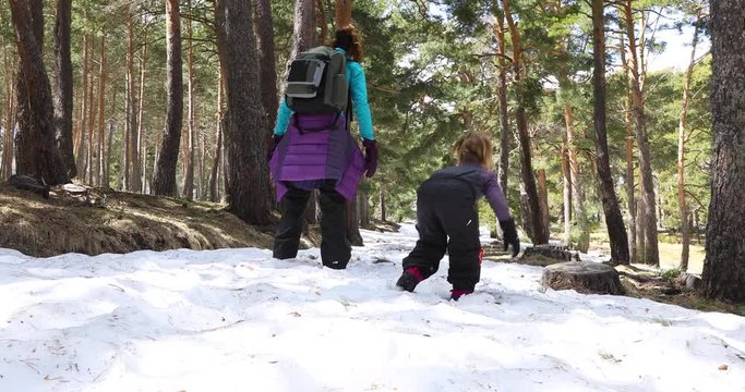 Happy family winter scene of mother and four years old child walking slowly together in snow mountain forest of Navafria, Guadarrama, in Madrid, Spain. 4k video. 
