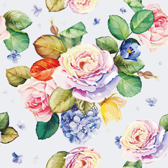 Seamless floral pattern with hydrangea flowers and beautiful roses