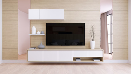 Modern and minimalist interior of living room,White TV cabinate  on natural wood wall and floor,3d render