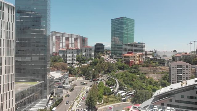 Aerial view of Santa Fe Financial District in M&eacute;xico City while flying over Av. Juan Salvador Agraz