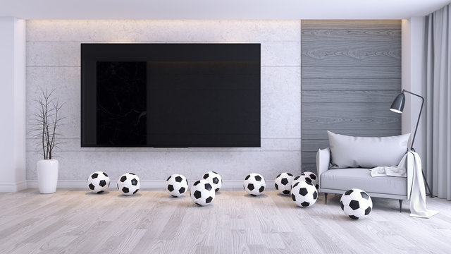 TV mock up with football and armchair in Modern of living room,3d render