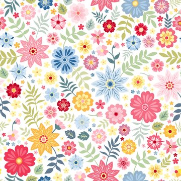 Seamless ditsy floral pattern with cute little flowers on white background. Vector illustration. Print for fabric, paper, wallpaper, wrapping design.