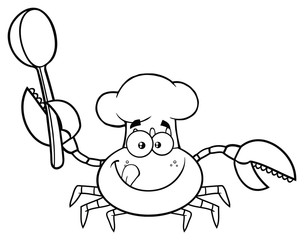 Black And White Crab Chef Cartoon Mascot Character Holding A Spoon. Vector Illustration Isolated On White Background