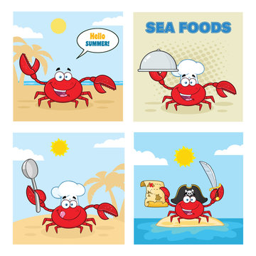 Crab Cartoon Character Set 4. Vector Collection With Background