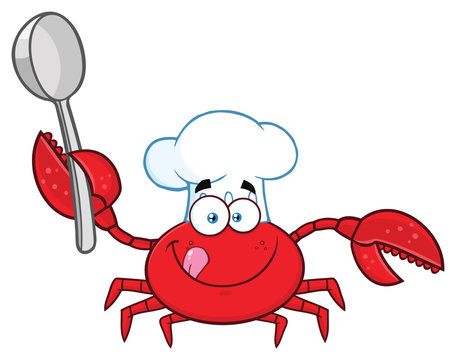 Crab Chef Cartoon Mascot Character Holding A Spoon. Vector Illustration Isolated On White Background