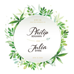 Beautiful watercolor leaves wedding invitation card. leaf decorative wreath, frame template. Hand drawn watercolor. Vector. 