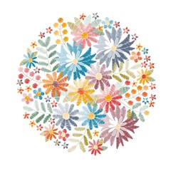 Embroidery. Round pattern with summer flowers, leaves and berries. Vibrant floral composition on white background. Vector print.