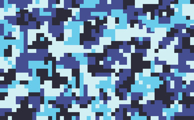 Digital pixel camouflage pattern background, seamless vector. Classic military clothing style. Masking army camo, repeat print for Wallpapers or prints on fabric. Blue, sea colors, marine texture.