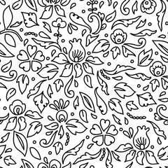 Simple black and white flowers leaves and swirls, seamless pattern, vector
