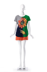 female wearing floral clothing with shorts on full-length mannequin isolated-white background