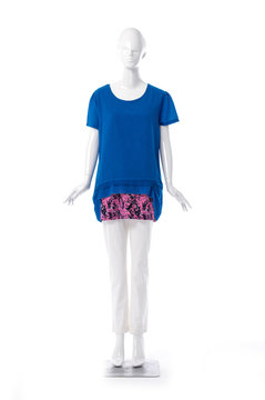 female blue clothing in white trousers on full-length mannequin isolated-white background