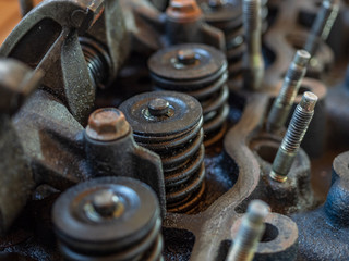 engine closeup parts, valves, bolts